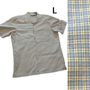 BUGATCHI Men's Short Sleeved Button Down Shirt Sz Large Rayon/Poly Check Pattern